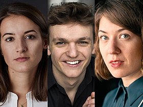Die drei Finalist:innen für den sechsten Deutschen Preis für Chordirigieren: Lucia Birzer, Lukas Siebert, Katharina Morin drei Portraits als Kollage, 2 Frauen, ein Mann